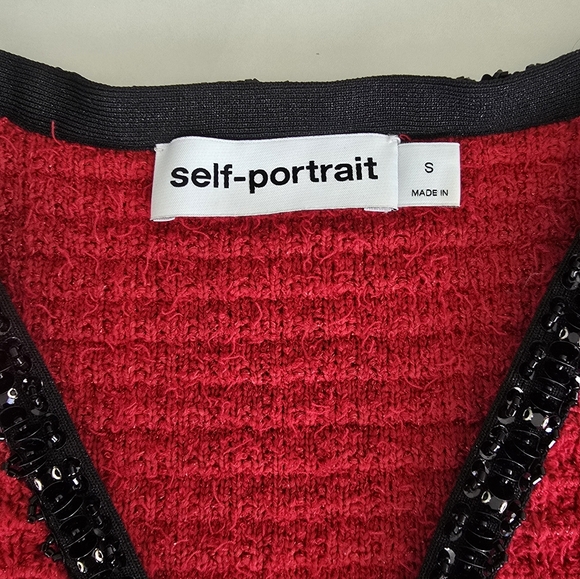 Self-Portrait Textured Knit Long-Sleeve Dress - Red with Black Details - Small - Picture 2 of 10